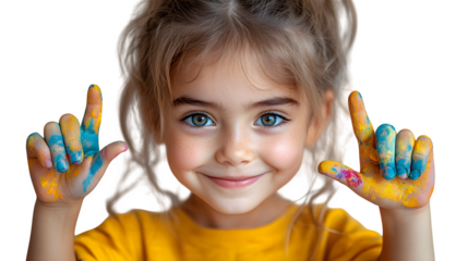 Playful child showing painted hands and joyful expression isolated on white background