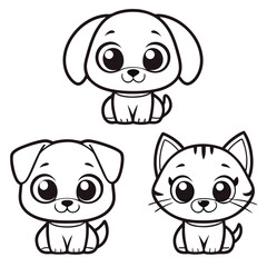 Cute Puppy and Kitten Trio Black and White Line Art for Coloring