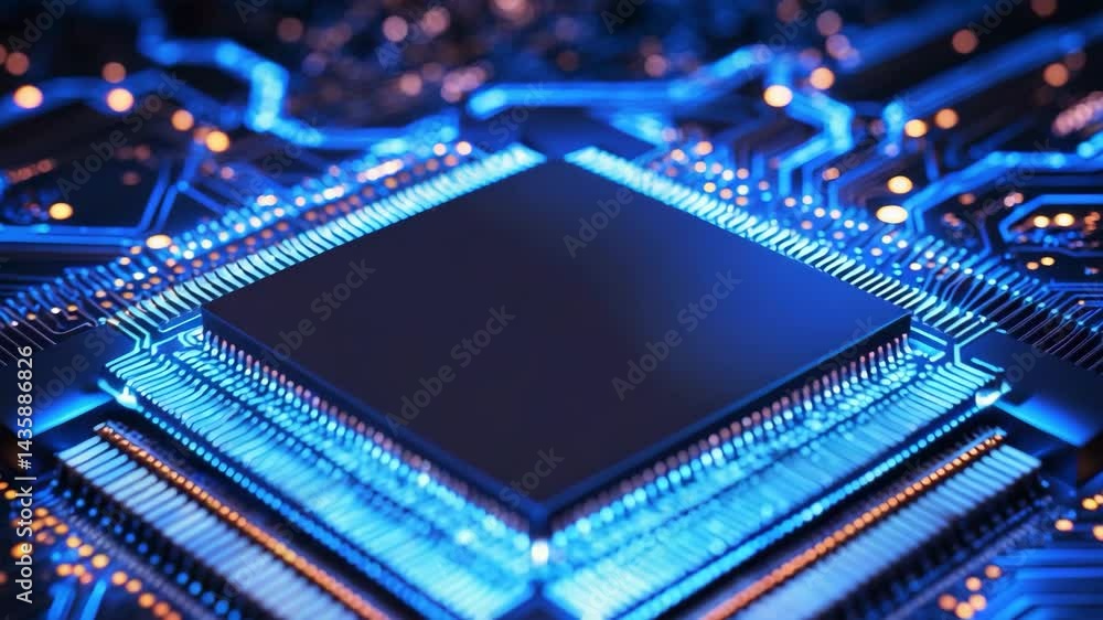 Poster computer hardware cpu icon with digital binary data and illuminated circuit lines on microchip