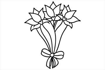 Single line flower bouquet tied with a bow, all in one stroke