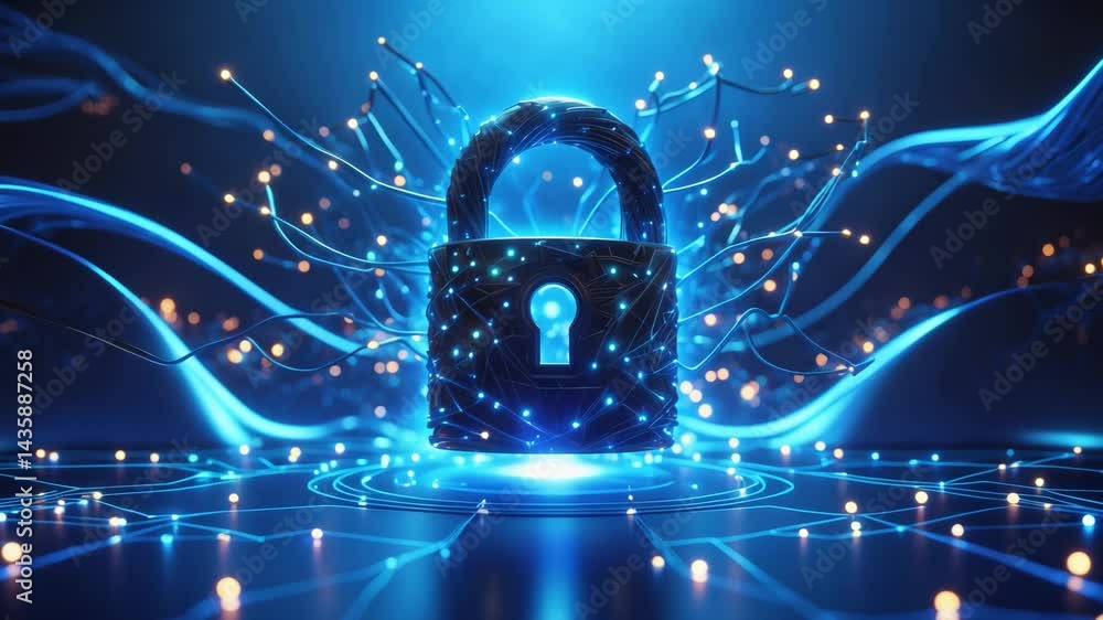 Poster digital illustration of cyber security featuring an open lock icon over a network animation, ideal f