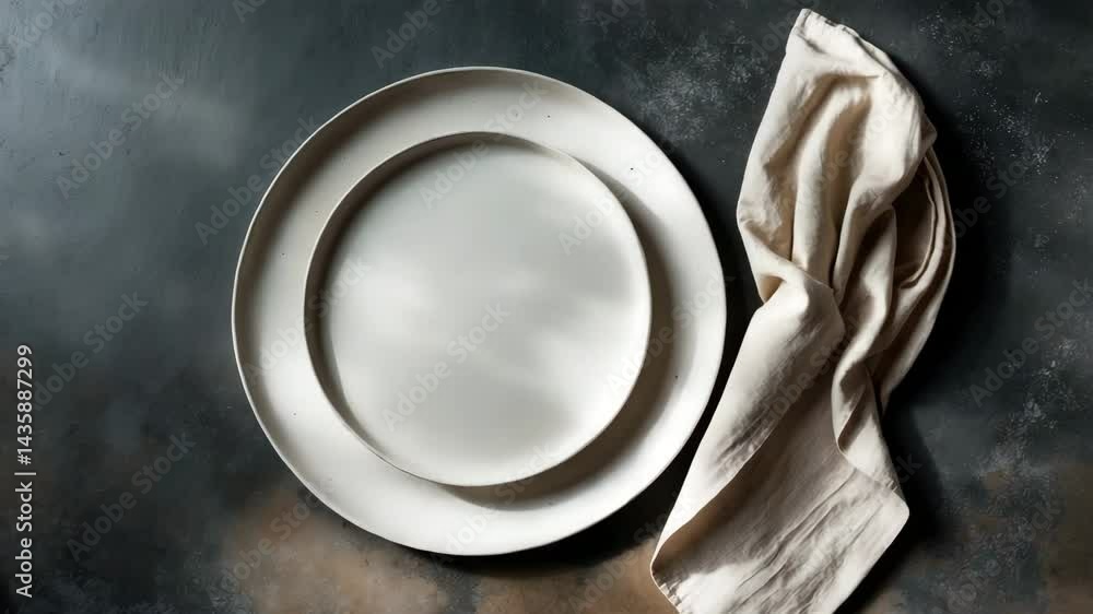 Poster empty white plate set on a rustic background with a linen napkin. flat lay perspective, ample copy s