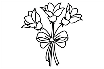 Single line flower bouquet tied with a bow, all in one stroke