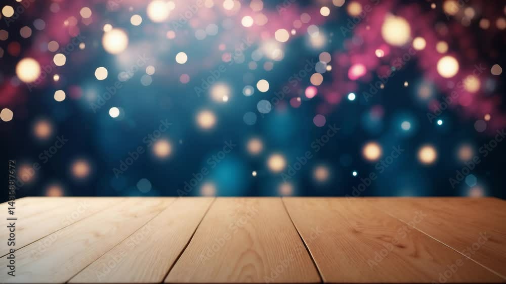 Poster empty wooden stage with animated bokeh effects and blurred lights for product display montage