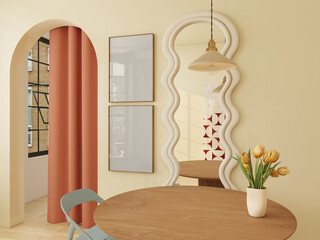 Two wooden frames on colorful kitchen wall. Wall art mockup for photoshop, 2 frames.