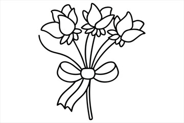 Single line flower bouquet tied with a bow, all in one stroke