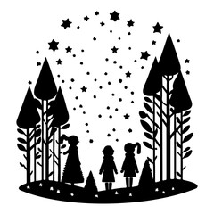 Whimsical Silhouette: Children Gazing at Stars Amidst a Stylized Forest Landscape
