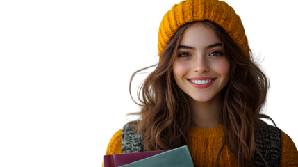 Portrait of cheerful student holding books and backpack isolated on white background