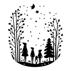 Silhouette family gazing at starry night sky amidst trees, embracing wonder