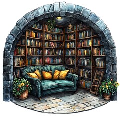 Cozy Reading Nook Secluded Stone Arch Library with Comfortable Sofa.