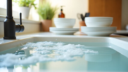 Fototapeta premium Dishwashing. Warm soapy water fills the sink with clean plates ready for drying.