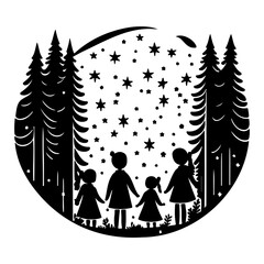 A Silhouette of a Forest with Children Gazing at a Starry Night Sky Illustration