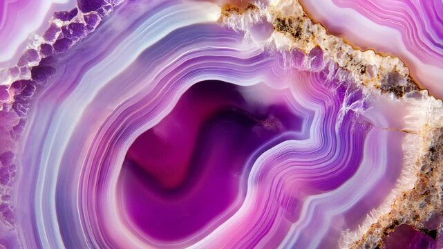 Polished agate slice reveals mesmerizing concentric bands of violet, lavender, white, and crystalline formations create a beautiful texture detail.