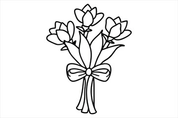 Single line flower bouquet tied with a bow, all in one stroke