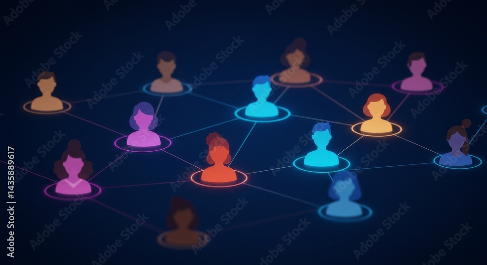 Poster global network connection - colorful network of connected people icons, representing global communic