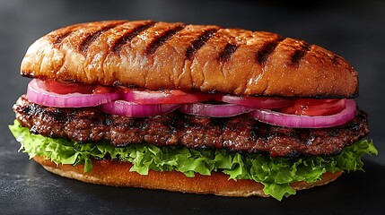 Grilled steak sandwich with lettuce, tomato, and onion on a toasted roll