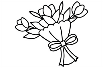 Single line flower bouquet tied with a bow, all in one stroke