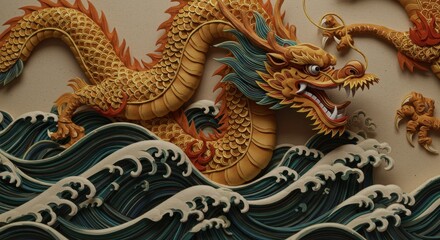 Obraz premium Golden Dragon Amidst Ocean Waves Paper Art - Symbolizing power, prosperity, good fortune, strength, and harmony