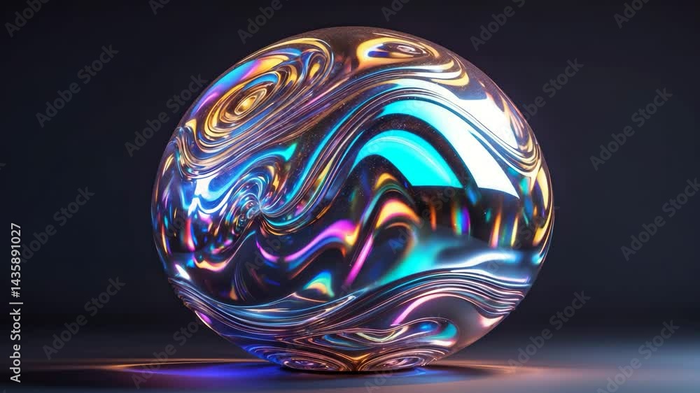 Poster futuristic iridescent globe with holographic glossy surface displaying ripples and distortions in an