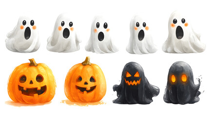 Obraz premium Spooky ghost shapes with varied expressions for Halloween decor, isolated on white background