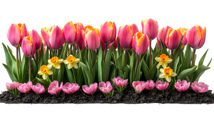 Spring flower beds with tulips and daffodils, isolated on white background