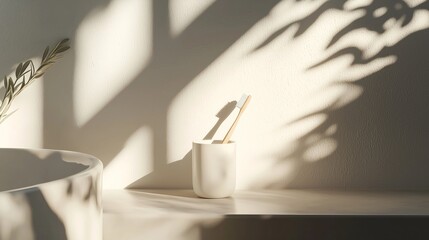 Toothbrush cup with dramatic shadows from potted plant