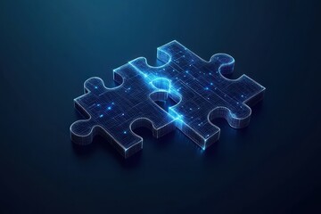 Obraz premium Digital puzzle pieces connecting, glowing, dark background; solution concept