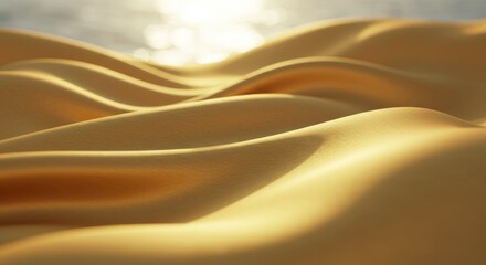 Obraz premium Golden Silk Waves in Sunlight - Luxurious golden silk fabric, gently flowing, illuminated by sunlight, symbolizing wealth, elegance, serenity, warmth, and prosperity