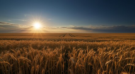 Golden Wheat Field Sunset Landscape - Serene sunset over a vast golden wheat field, symbolizing abundance, harvest, tranquility, nature's bounty, and rural life