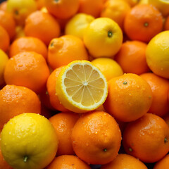 Vibrant Citrus Fruits with Dew Drops: Fresh Oranges and Lemons in a Lush Display