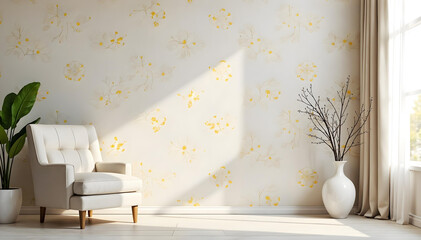 Light and Airy Space Featuring Soft Yellow Flower Wallpaper, Modern Vase