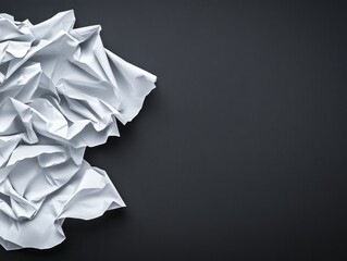 Crumpled white paper on dark background. Ample copy space