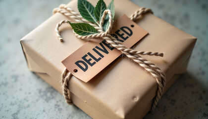 Parcel with Delivered tag, wrapped with twine, symbolizes efficient shipping