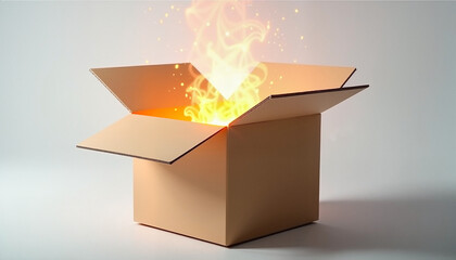 Open cardboard box with glowing light, surprise concept, against a white background, copy space