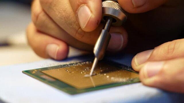 A skilled technician works meticulously on a computer processor, carefully applying solder to the circuit board in a well-equipped workshop. The focus is on the intricate details of chip assembly.