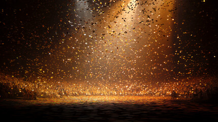 Golden confetti falling on dark stage, spotlight effect, creating celebratory atmosphere, ideal for event or award show background