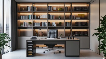 A sleek and modern home office with modular storage units perfectly arranged to hold books