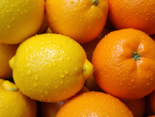 Vibrant Citrus Fruits with Dew Drops: Fresh Oranges and Lemons in a Lush Display