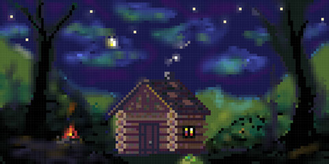 Pixelated night in the woods in old cabin 128x64 pixel art