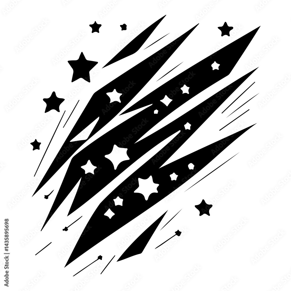 Poster stylized celestial pattern featuring stars and comet-like forms in monochrome style