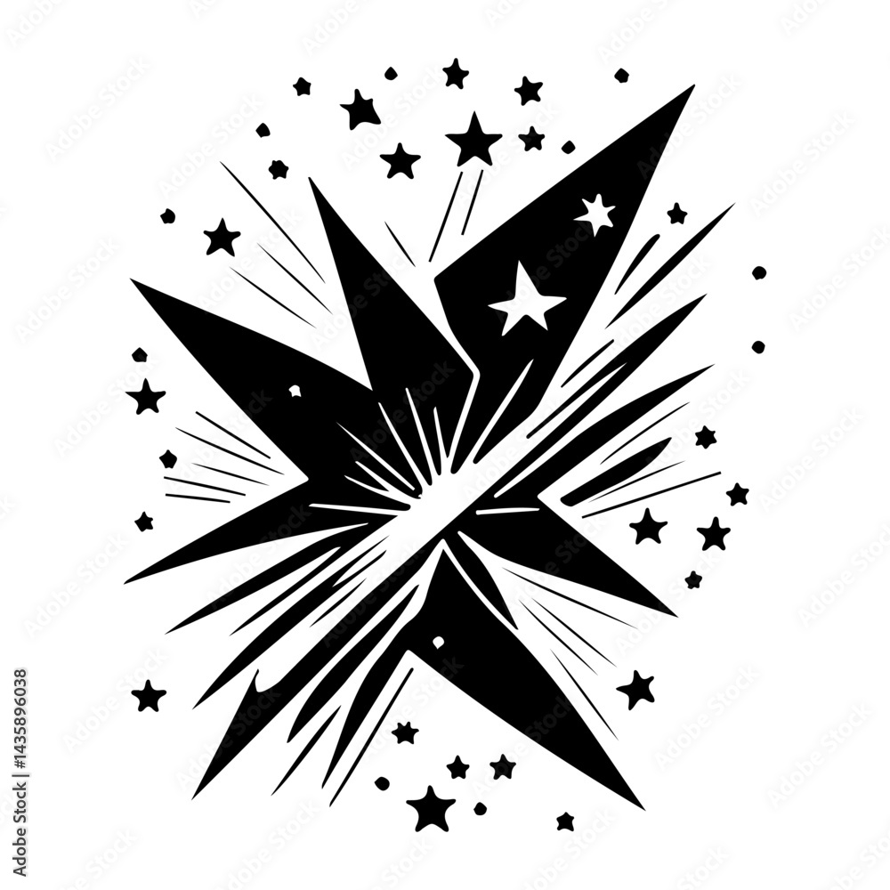Poster abstract burst of angular shapes and tiny stars radiating outwards design