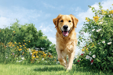 Zabawny Golden Retriever biegnący przez wspaniały ogród