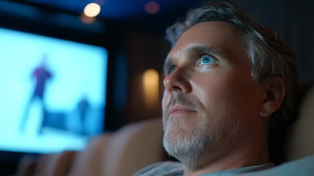 Thoughtful Man in Comfortable Seat Watching Film on Large Screen in Modern Cinema Environment