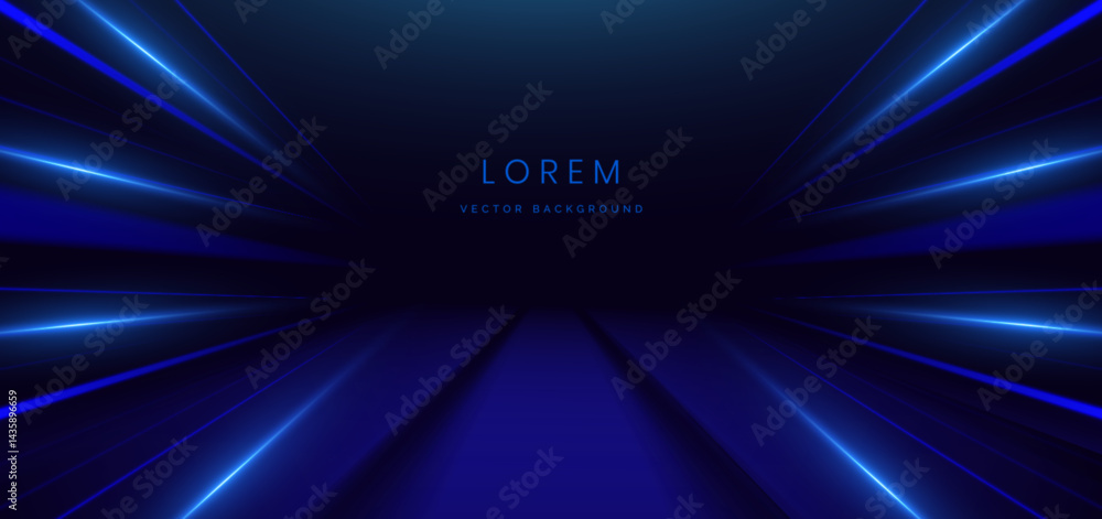 Poster abstract scene elegant blue light lines on dark background with lighting effect and sparkle.
