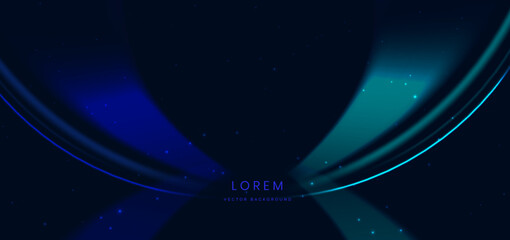 Obraz premium Abstract blue and green light rays on dark blue background with sparkle.