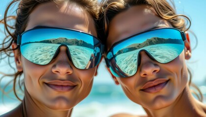 Naklejka premium Two women wearing sunglasses and smiling at the camera. The sunglasses are blue and the women are standing on a beach