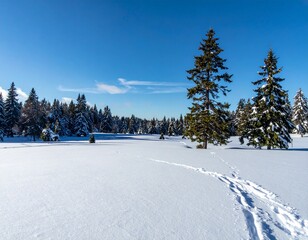 Fototapeta premium Snowy landscape with ski tracks on a sunny winter day blue sky