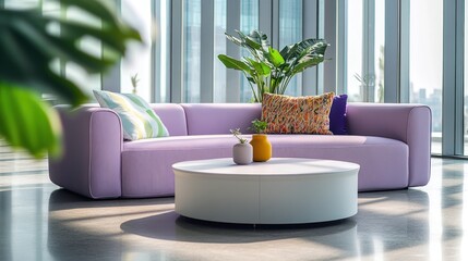 Modern purple sofa, round coffee table, city view