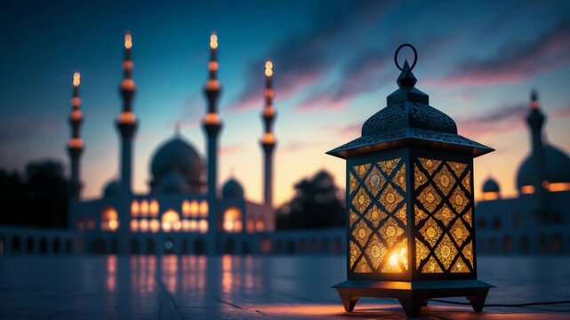 Ramadan greeting video showcasing a serene setting with a beautiful glowing lantern.