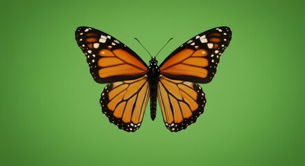 Fototapeta premium Monarch Butterfly Studio Shot Green Background - A vibrant monarch butterfly, wings spread wide, against a solid green backdrop. Symbolizing transformation, beauty, nature, freedom, and hope